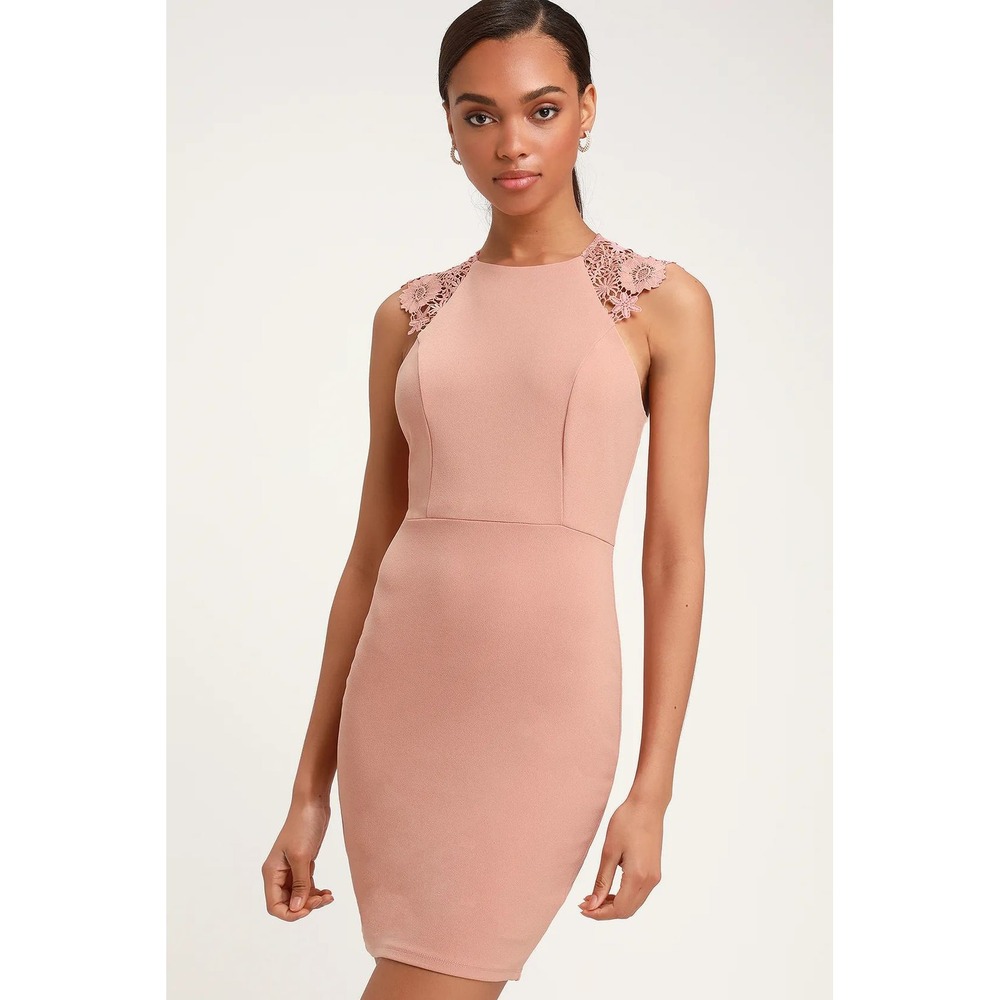 NWT Lulus Blush Pink Lace Back Bodycon Midi Dress Floral Crochet L - Picture 3 of 10